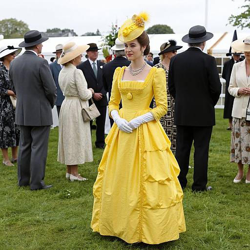 Photograph of a regal woman in a bright yellow, ruffled Victorian-style gown and hat, standing in a grassy outdoor event, surrounded by