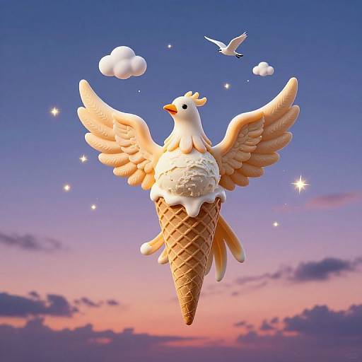 Digital illustration of a white-winged dove with ice cream on a waffle cone, floating in a sunset sky with clouds and a flying bird.