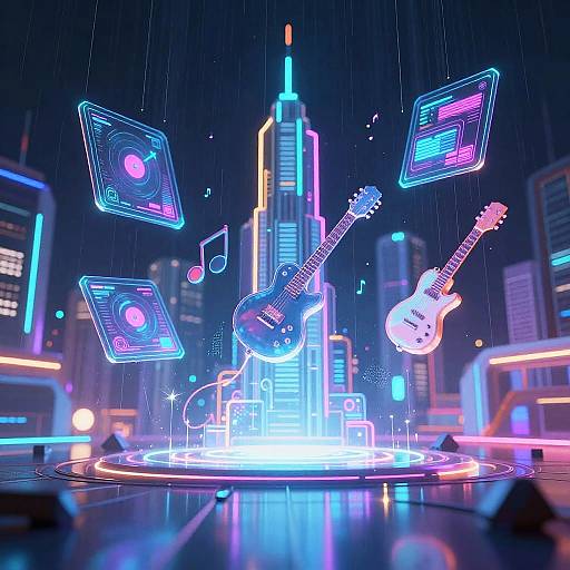 Futuristic Cityscape with Holographic Musical Instruments