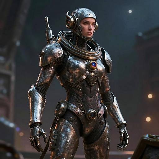 CGI image of a strong, attractive woman in a shiny, silver robotic suit with blue gem, standing confidently in a dimly lit, futuristic city