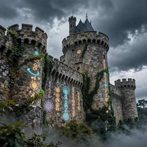 Photorealistic digital artwork of a medieval stone castle with glowing, magical runes and symbols on its walls, surrounded by dark, cloudy skies and mist.