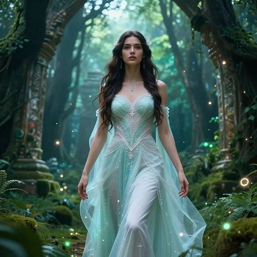 Photorealistic digital art: Enchanted forest scene with a long-haired, fair-skinned woman in a glowing, intricate white gown, surrounded by