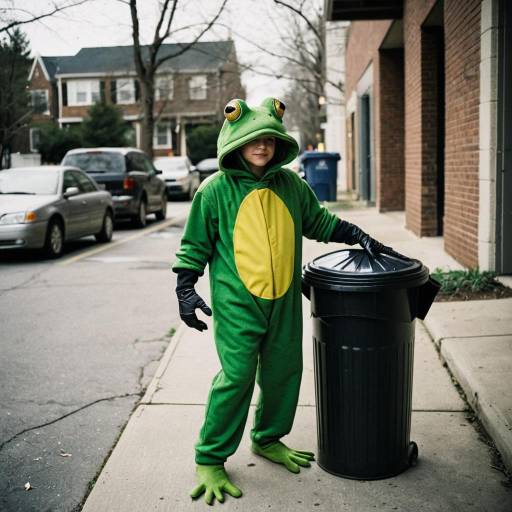 Boy in Homemade Frog Costume by Trash Can