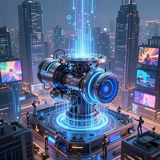 Digital artwork of a futuristic cityscape featuring a glowing, blue, mechanical structure emitting vertical light beams, surrounded by skyscrapers and neon billboards.