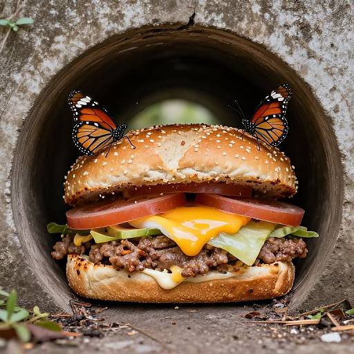 Photograph of a juicy burger with melted cheese, tomato, lettuce, and beef, emerging from a dark concrete tunnel, surrounded by vibrant orange and black