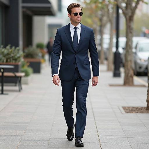 Photograph of a handsome man with short brown hair, wearing a navy suit, white shirt, black tie, and sunglasses, walking on a city sidewalk