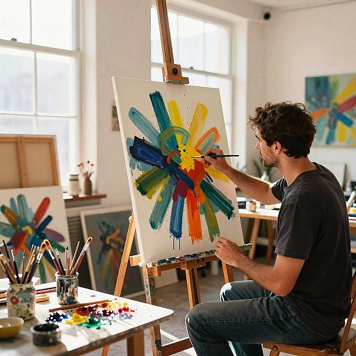 Photograph of a bearded man in a black shirt painting a vibrant abstract painting on an easel in a sunlit studio.