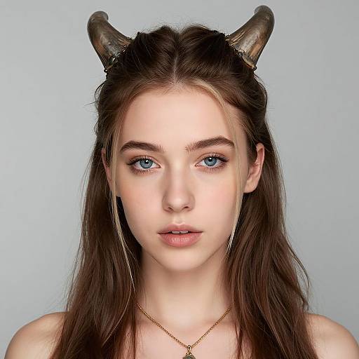 Photograph of a young woman with fair skin, blue eyes, and long brown hair, wearing black horn headpieces and a gold necklace, against a
