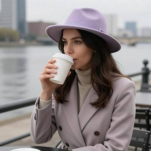 Stylish Woman Sipping Coffee by Riverside
