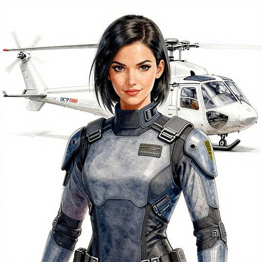 Digital illustration of a confident woman with black hair in a gray, armored suit, standing in front of a white helicopter.