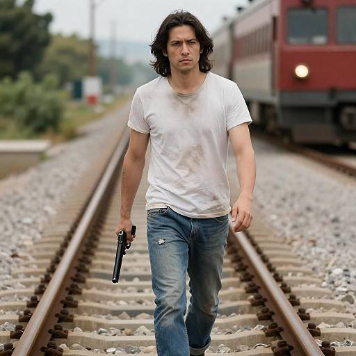 Man with Gun on Railway Track