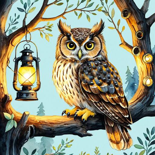 Watercolor Illustration of Owl Perched on Tree Branch with Lantern