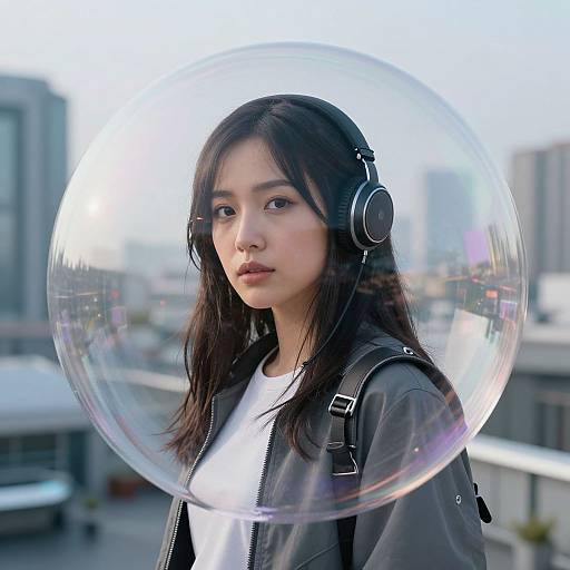 Photograph of an Asian woman with long black hair, wearing headphones, a gray jacket, and white shirt, surrounded by a large transparent bubble, in