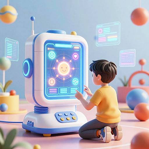 Digital illustration of a young boy with black hair, wearing a yellow shirt, interacting with a futuristic, glowing, blue and white robot. Background features colorful