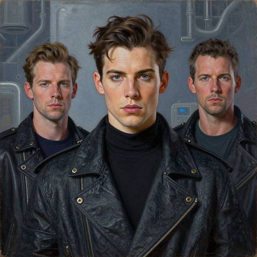 Digital artwork of three serious, blue-eyed men with short brown hair, wearing black leather jackets and black turtlenecks, set against a metallic,