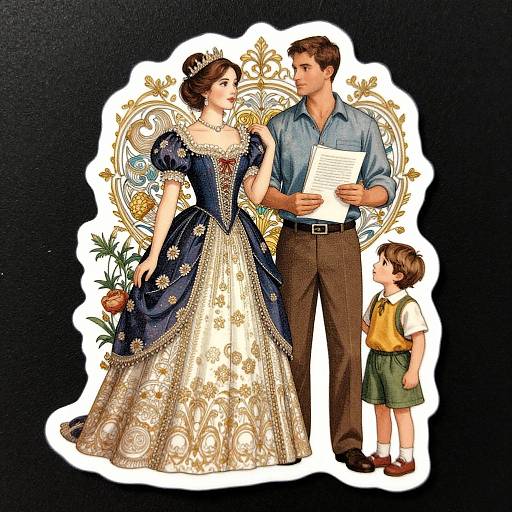 Digital illustration of a royal family: a queen in an ornate blue and gold gown, a king in a blue shirt holding papers, and a young