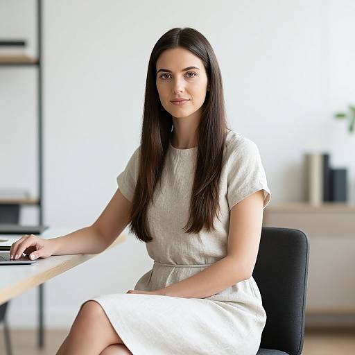 Photograph of a young woman with long, straight brown hair, wearing a beige short-sleeved dress, sitting at a desk in a bright,