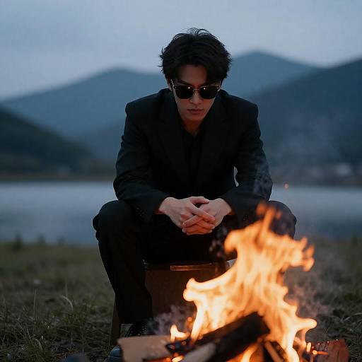 Man in Black Suit Sitting by Campfire at Twilight