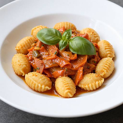 Photograph of a white plate filled with golden, ridged fried dumplings topped with vibrant orange carrot slices, red tomato sauce, and fresh basil leaves