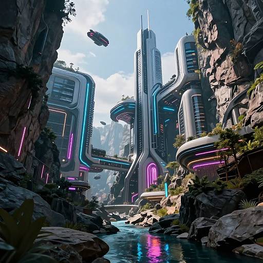 Digital artwork of futuristic skyscrapers with neon lights, floating vehicles, and a narrow river between rocky cliffs under a bright blue sky.