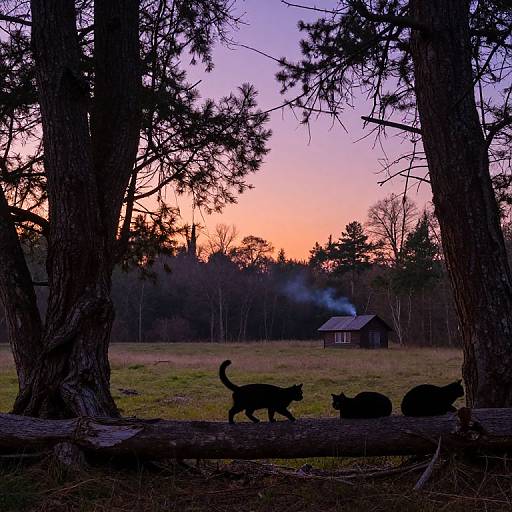 Photograph of a twilight forest scene: silhouetted black cats walking on a fallen log, with a wooden cabin and smoke in the background,