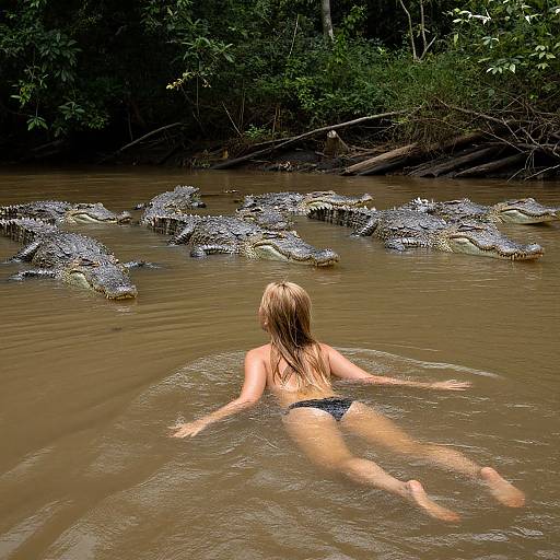 Photograph of a blonde woman in a black bikini, seen from behind, swimming in a muddy river with numerous crocodiles in the background, surrounded