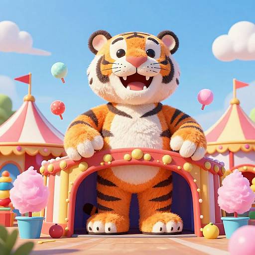 Digital illustration of a cheerful, cartoon-style tiger with orange and black stripes, standing behind a colorful carnival arch, with pink cotton candy and balloons in a