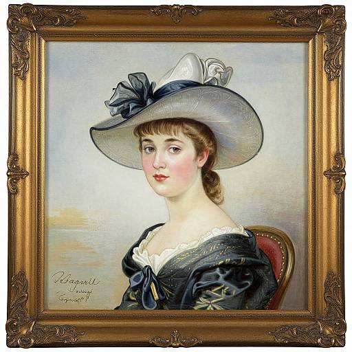 Oil painting of a young woman in Victorian attire, wearing a large hat with blue ribbon and white rose, in an ornate gold frame. Signature reads