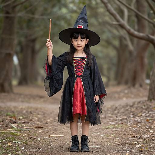 Photograph of an Asian girl in a black witch costume with red ribbon, black boots, and pointed hat, holding a wooden wand, standing on a