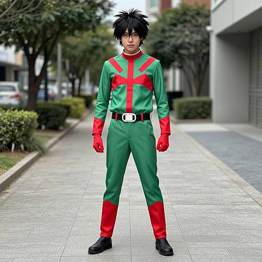 Photograph of an Asian man with spiky black hair, wearing a green and red superhero outfit, standing on a city sidewalk with trees and buildings in