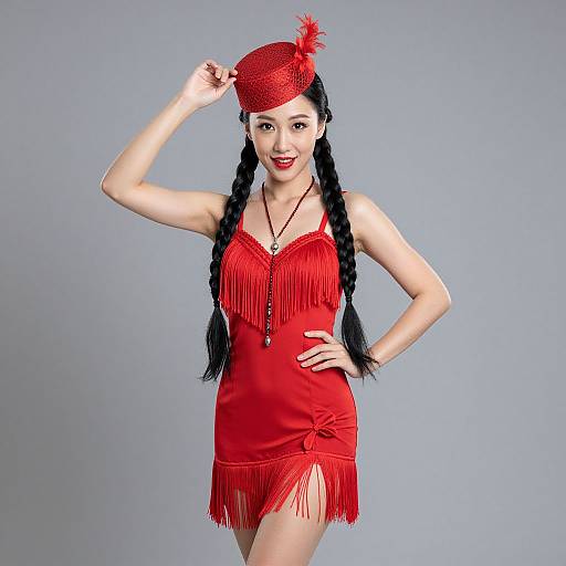 Photograph of a pale-skinned woman with black braids, wearing a red fringe dress and hat, smiling, against a plain gray background.