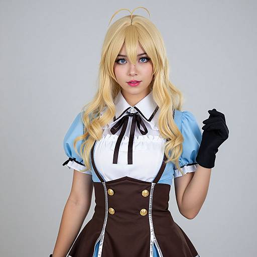 Photograph of a blonde woman in a blue puffed-sleeve, white blouse, black ribbon, brown high-waisted skirt with gold buttons