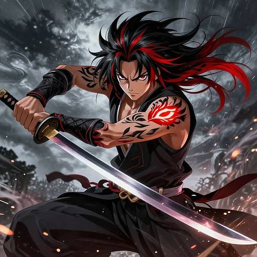 Digital anime artwork of a fierce, tattooed, black-haired warrior with red streaks in his hair, wielding a glowing sword in a stormy night