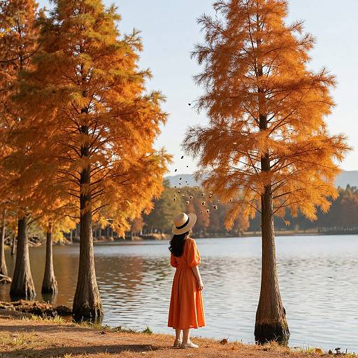 Photograph of a woman in an orange dress and wide-brimmed hat standing by a lake, surrounded by vibrant autumn trees.