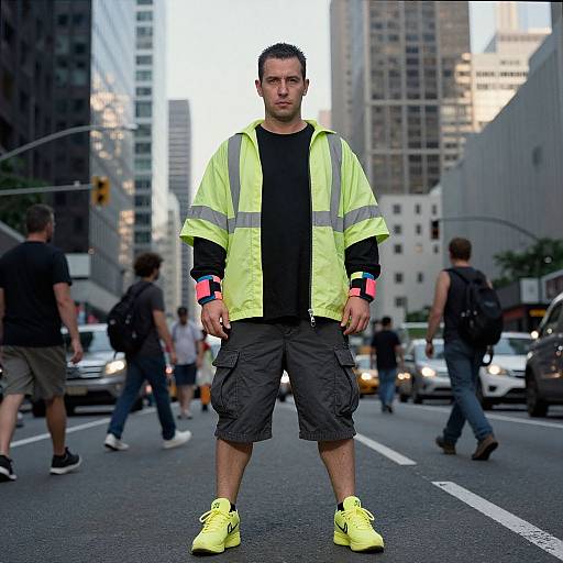 Photograph of a man in a neon yellow safety vest, black shirt, and khaki shorts, standing on a busy city street. Urban background with