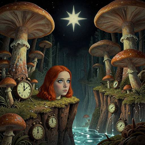 Digital art: Red-haired woman with blue eyes, surrounded by giant mushrooms, clocks, and a glowing star in a mystical, moonlit forest.