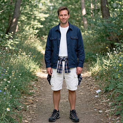 Photograph of a smiling man in a black jacket, white shirt, plaid shirt tied around waist, white shorts, black shoes, standing on a