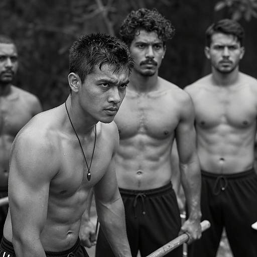 Black and White Photo of Four Muscular Men Outdoors