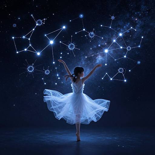 Silhouetted woman in flowing white dress dances against a dark background, surrounded by glowing blue constellation-like lights. Digital art.