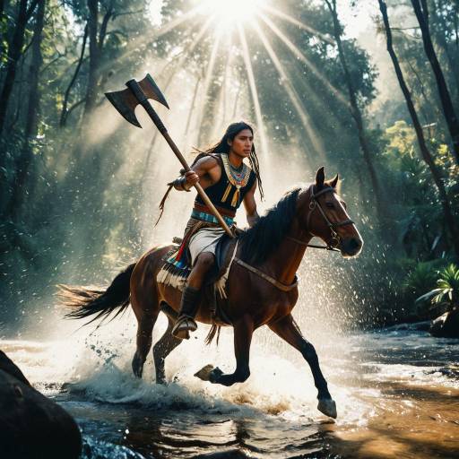 Native American Teen Warrior on Horseback in Forest Stream