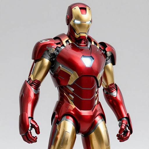 Photorealistic CGI of Iron Man in red and gold armor with glowing white eyes, standing against a plain white background.