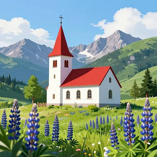 Quaint Church Amid Blue Lupines