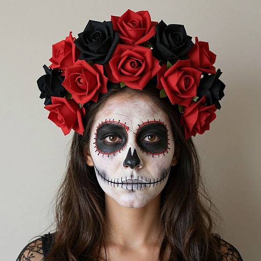 Photograph of a woman with white face paint, black eye makeup, black nose, stitched smile, wearing a red and black rose crown, against a