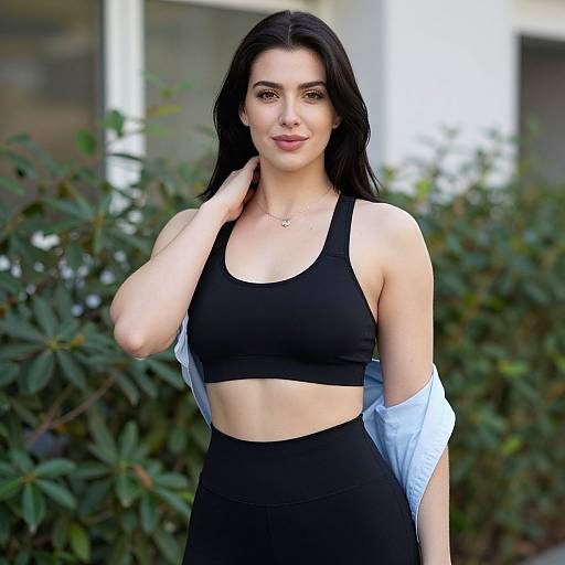 Photograph of a confident woman with long black hair, wearing a black sports bra and high-waisted black skirt, light blue shirt off shoulders,