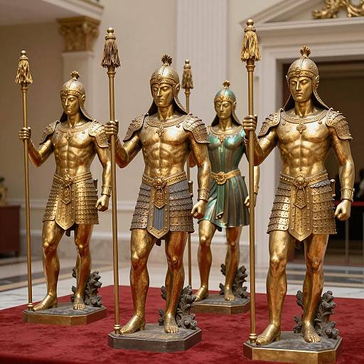 Majestic Golden Statues on Red Carpet