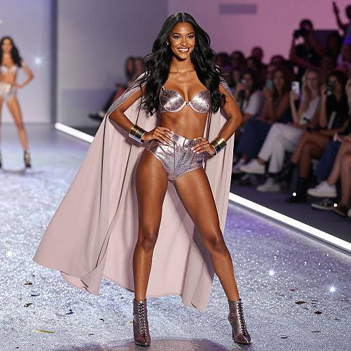 Confident Black Model on Runway in Metallic Lingerie