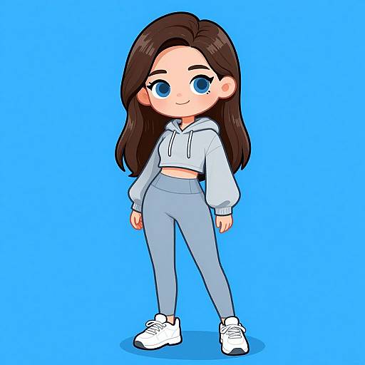 Chibi-style digital drawing of a young woman with long brown hair, blue eyes, wearing a light blue hoodie, gray pants, and white sneakers,