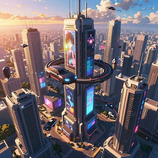 Futuristic Anime Cityscape Aerial View