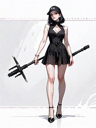 Woman in Sheer Black Mini Dress with Staff