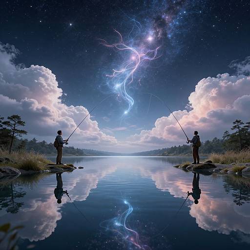 Photograph-style digital art: Silhouetted fishermen on rocky shores, holding rods, facing a mirror-like lake under a starry sky with a